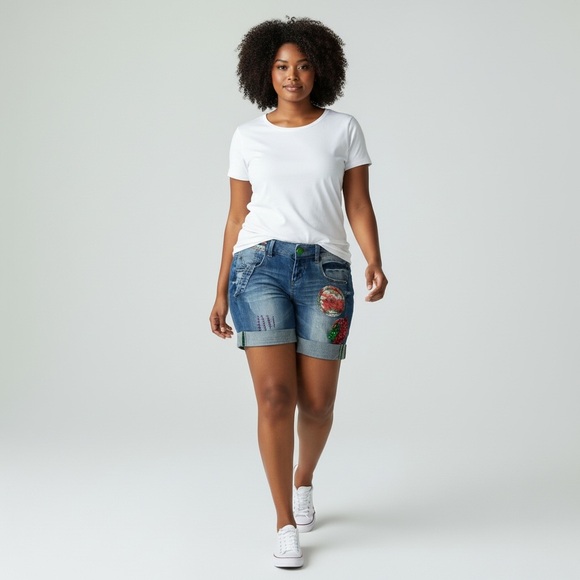 Desigual Blue Embroidered & Patchwork Boho Denim Shorts - Picture 3 of 10